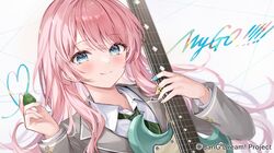  1girl bandaid bandaid_on_hand bang_dream! bang_dream!_it&#039;s_mygo!!!!! blazer blue_eyes chihaya_anon closed_mouth collared_shirt commentary_request diagonal-striped_necktie electric_guitar green_necktie grey_jacket guitar hair_between_eyes higeneko holding holding_instrument instrument jacket long_hair long_sleeves looking_at_viewer necktie official_art pink_hair plectrum school_uniform shirt simple_background smile solo upper_body white_background white_shirt 