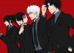  4boys alternative_costume black_hair brown_hair cigarette formal gintama grin high_ponytail joui katsura_kotarou long_hair male glasses multiple_boys necktie open_mouth peek-a-boo_bang pixiv_id_3329522 ponytail quartet red_background sakamoto_tatsuma sakata_gintoki short_hair simple_background smile suit sunglasses takasugi_shinsuke teeth white_hair 