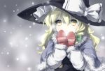  1girl absurdres black_dress blonde_hair bow braid capelet dena.ei dress hat hat_bow highres kirisame_marisa long_hair mittens open_mouth single_braid snowing solo touhou upper_body winter_clothes witch_hat yellow_eyes 