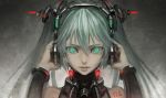  1girl aqua_eyes aqua_hair bare_shoulders bryanth glowing glowing_eyes hands_on_headphones hatsune_miku headphones highres long_hair long_sleeves looking_at_viewer parted_lips ringed_eyes silver_hair solo tattoo twintails upper_body vocaloid 