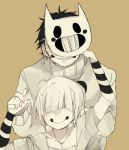  ahoge black_hair higa_(pixiv_7423433) holding_hands mask off short_hair smile sugar sweater white_hair zacharie 