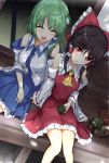  2girls ascot bare_shoulders black_hair bow closed_eyes cup detached_sleeves frog_hair_ornament green_hair hair_bow hair_ornament hair_tubes hakurei_reimu kochiya_sanae long_hair long_sleeves miyakouji multiple_girls open_mouth red_eyes shirt side-by-side sitting skirt smile snake_hair_ornament teacup teapot touhou veranda very_long_hair wide_sleeves 