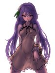  1girl chain cowboy_shot dress flower hair_flower hair_ornament legs_apart long_hair long_sleeves looking_at_viewer miata_(pixiv) naughty_face purple_hair see-through simple_background sketch smile solo standing touhou tsukumo_benben twintails violet_eyes white_background 
