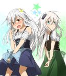  2girls alternate_costume apron arms_behind_back artist_request blush corset crescent_hair_ornament fang green_eyes hair_ornament highres kantai_collection kikuzuki_(kantai_collection) looking_back multiple_girls silver_hair simple_background skirt skirt_lift star u-511_(kantai_collection) wind_lift 