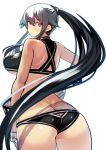  1girl alternate_costume arm_at_side ass black_hair breasts competition_swimsuit from_behind gloves hair_between_eyes hand_on_hip highres kantai_collection large_breasts light_smile long_hair looking_at_viewer looking_back midriff one-piece_swimsuit payot ponytail smile solo swimsuit tan tanline under_boob very_long_hair wamwam white_gloves yahagi_(kantai_collection) 