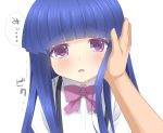  1girl bangs blue_hair blunt_bangs bowtie dress_shirt furude_rika gaou hand_on_another&#039;s_face higurashi_no_naku_koro_ni long_hair looking_at_viewer parted_lips pov school_uniform shirt simple_background solo_focus speech_bubble suspenders trembling violet_eyes white_background 