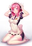  1girl apron black_tie blush breasts double_v dress female frills gloves headdress legwear love_live!_school_idol_project maid_headdress necktie nishikino_maki open_mouth pink_eyes redhead saidyiiii sitting solo v white_gloves white_legwear 