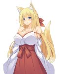  1girl :p animal_ears bare_shoulders blonde_hair blue_eyes blush breasts choujigen_game_neptune cleavage collarbone fox_ears fox_tail hair_ribbon hakama highres japanese_clothes kosen_dream large_breasts long_hair looking_at_viewer miko neptune_(series) ribbon simple_background smile solo strap_slip tail tongue tongue_out vert white_background 
