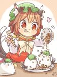  &gt;_&lt; /\/\/\ 1girl :3 :d animal_ears brown_hair cat_ears cat_tail chen chopsticks green_hat heart ibarashiro_natou jewelry long_sleeves mob_cap multiple_tails nekomata open_mouth short_hair single_earring smile tail tongue tongue_out touhou two_tails xd 
