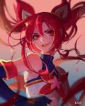  1girl flat_chest hair_ornament jinx_(league_of_legends) kyomon league_of_legends long_hair looking_at_viewer open_mouth red_eyes redhead smile solo tagme 