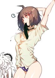  ! /\/\/\ 2girls ahoge arm_up arms_up blonde_hair blue_panties breast_envy breasts brown_hair buttons cleavage commentary cowboy_shot dangan_ronpa genderswap hinata_hajime komaeda_nagito mouth_hold multiple_girls necktie no_bra no_pants one_eye_closed panties popped_button print_panties short_sleeves simple_background speech_bubble spoken_exclamation_mark stretch super_dangan_ronpa_2 sweatdrop underwear white_background yellow_eyes zuizi 