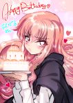  1girl birthday_cake blush cake cape creayus english food heart long_hair looking_at_viewer louise_francoise_le_blanc_de_la_valliere pink_eyes pink_hair solo zero_no_tsukaima 