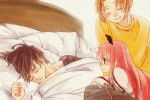  3:2_aspect_ratio ^_^ alba bed black_hair brown_hair closed_eyes group kumanote long_hair pillow pink_hair pointed_ears ross ruki senyuu. short_hair sleeping smile violet_eyes wings 