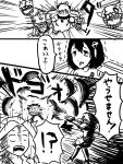  3girls apologizing battle cannon commentary_request dress explosion firing haguro_(kantai_collection) horns jun&#039;you_(kantai_collection) kantai_collection long_hair mittens monochrome multiple_girls nishinishi_(nagareboshi) northern_ocean_hime open_mouth pale_skin running scared shinkaisei-kan short_hair simple_background sweat tears translation_request weapon 