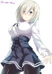  1girl alternate_costume blue_eyes blush breasts corset dress hair_ornament hair_over_one_eye hamakaze_(kantai_collection) izumi_akane kantai_collection looking_at_viewer pantyhose short_hair silver_hair simple_background skirt smile solo twitter_username white_background 