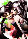  2girls aori_(splatoon) bare_shoulders dress fangs gloves highres hotaru_(splatoon) mask mole mole_under_eye multiple_girls neichiru object_on_head one_eye_closed open_mouth pointy_ears splatoon white_gloves 