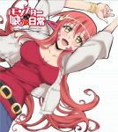  1girl amber_eyes arms_up belt bracelet breasts cleavage eyecatch fang hair_ornament hairclip high_resolution jacket jewelry lamia large_breasts lerche long_hair looking_at_viewer meer_(monster_musume) monster_girl monster_musume_no_iru_nichijou moriyama_yuuji official_art open_clothes open_jacket open_mouth pointed_ears red_shirt redhead screen_capture smile stitched 