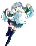  1girl aqua_eyes aqua_hair asuku_(69-1-31) boots detached_sleeves hair_tousle hatsune_miku headset highres long_hair looking_at_viewer necktie simple_background skirt solo thigh-highs thigh_boots thigh_gap twintails very_long_hair vocaloid white_background 