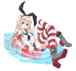  anthropomorphization bikini blonde blue_eyes boots gloves hairband kantai_collection long_hair moochirin shimakaze_(kantai_collection) skirt swimsuit thigh-highs water water_float weapon 