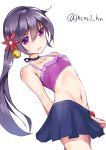  1girl akebono_(kantai_collection) bell black_hair crop_top flower hair_bell hair_flower hair_ornament henet_hene kantai_collection long_hair looking_at_viewer midriff navel open_mouth side_ponytail skirt solo very_long_hair violet_eyes 