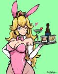  1girl ;) akairiot alcohol animal_ears bare_shoulders blonde blue_eyes bottle bow bowtie breasts bunny_girl bunny_tail bunnysuit cleavage cowboy_shot crown cup curly_hair curvaceous detached_collar drink drinking_glass earrings elbow_gloves female female_only fishnet_legwear fishnet_pantyhose fishnet_stockings fishnets glass gloves green_background hand_on_hip heart jewelry large_breasts leotard lips long_hair looking_at_viewer super_mario_bros. martini martini_glass metroid mushroom nintendo one_eye_closed pantyhose plate princess_peach rabbit_ears sketch smile solo solo_female stockings super_mario_bros. tail tray waitress white_gloves wine_glass wink wrist_cuffs 