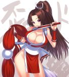  1girl breasts brown_hair cleavage fan fatal_fury fingerless_gloves fingers gloves huge_breasts japanese_clothes king_of_fighters large_breasts long_hair looking_at_viewer open_mouth pelvic_curtain ponytail revealing_clothes shiranui_mai sideboob smile snk solo violet_eyes yapo_(croquis_side) 