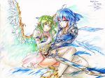  2girls black_gloves blood blood_on_face blue_eyes blue_hair character_name cirno daiyousei elbow_gloves english fairy_wings feathered_wings fingerless_gloves freeze-ex gloves green_eyes green_hair ice ice_wings knight long_legs multiple_girls protecting serious sword tagme thigh-highs thighs tiara touhou weapon white_gloves wings 