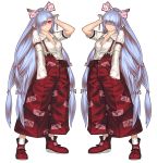  2girls alternate_hairstyle bandages bangs boots bow breasts cleavage dual_persona fujiwara_no_mokou full_body g_otto hair_bow hair_ornament hair_over_eyes hair_over_one_eye hair_ribbon hand_in_pocket long_hair long_sleeves looking_at_viewer multiple_girls pants puffy_sleeves red_eyes ribbon shirt simple_background socks touhou very_long_hair white_background white_legwear 