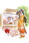  &gt;_&lt; 2015 2girls black_hair chibi demon_girl demon_horns ez6 happy_new_year horns japanese_clothes kimono laughing miko multiple_girls nengajou new_year obi omikuji original payot ponytail purple_skin sash sheath sheathed sweatdrop sword tail tail_wagging translated weapon |_| 