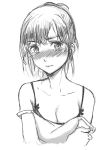  1girl bare_shoulders blush breasts cleavage collarbone cuvie full-face_blush greyscale looking_at_viewer monochrome original short_hair solo strap_slip tears upper_body 