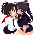  2girls ;p absurdres arm_support asuka_(senran_kagura) between_breasts black_hair blush breast_press breasts brown_eyes brown_hair dark_skin foreshortening green_eyes hair_ribbon highres homura_(senran_kagura) large_breasts long_hair multiple_girls one_eye_closed perspective pleated_skirt ponytail ribbon school_uniform scroll senran_kagura senran_kagura_(series) serafuku skirt symmetrical_docking tongue tongue_out yaegashi_nan 