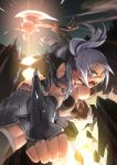  1girl axe breasts cleavage glowing highres large_breasts open_mouth phantom_of_kill ponytail silver_hair sketch solo sweat toire_komoru weapon yellow_eyes 