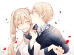  1boy 1girl akinoko_(pixiv304871) black_(kekkai_sensen) blonde_hair brother_and_sister closed_eyes glasses hair_kiss kekkai_sensen long_hair petals short_hair siblings smile twintails white_(kekkai_sensen) 