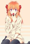 ahoge eating food long_hair monthly_girls&#039;_nozaki-kun no_(pixiv_5690295) orange_hair ribbon sakura_chiyo thigh-highs violet_eyes 