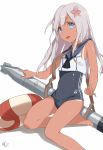  1girl blue_eyes crop_top flower hair_flower hair_ornament highres kantai_collection lifebuoy long_hair one-piece_tan pu&#039;an ro-500_(kantai_collection) sailor_collar school_swimsuit silver_hair swimsuit swimsuit_under_clothes tan tanline torpedo 
