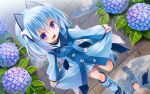  1000-chan 16:10_aspect_ratio ahoge blue_hair blush boots flower happy high_resolution kougetsu_masa rain raincoat ribbon short_hair skirt twintails violet_eyes wallpaper water 