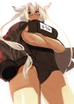  1girl alternate_costume blonde_hair breast_hold breasts crossed_arms dark_skin from_below glasses hair_between_eyes highres jacket jacket_on_shoulders kantai_collection large_breasts looking_at_viewer looking_down musashi_(kantai_collection) open_clothes open_jacket red_eyes semi-rimless_glasses short_hair solo track_jacket wamwam 