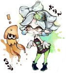  ! +_+ 1girl :o akaki_aoki animal brown_eyes character_name chibi detached_collar domino_mask dress earrings gloves green_legwear hair_rings hotaru_(splatoon) inkling jewelry mask mole mole_under_eye object_on_head open_mouth paint paint_splatter pantyhose pointy_ears short_hair silver_hair simple_background solo splatoon squid strapless_dress symbol-shaped_pupils tentacle_hair white_background white_gloves 