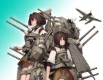  2girls airplane brown_eyes brown_hair gradient gradient_background hair_intakes hair_ribbon hyuuga_(kantai_collection) ise_(kantai_collection) kantai_collection machinery multiple_girls nontraditional_miko official_art red_ribbon ribbon shibafu_(glock23) short_hair smile turret 