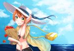  1girl absurdres bag beach bikini blush breasts cleavage clouds green_eyes groin handbag hat highres holding holding_hat hoshizora_rin love_live!_school_idol_project ocean open_clothes open_shirt redhead shirt sky smile swimsuit umeno_(shio1205) unbuttoned unzipped water 