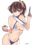  1girl alternate_costume asymmetrical_clothes bare_arms bare_legs bare_shoulders breasts brown_eyes brown_hair kaga_(kantai_collection) kantai_collection large_breasts looking_to_the_side nattou navel open_mouth revealing_clothes sensen side_ponytail sideboob swimsuit 