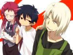  1girl 2boys ahoge angry apron ashiya_shirou black_hair blonde_hair bowtie braid crossed_arms evil_smile formal green_eyes hand_on_shoulder hataraku_maou-sama! long_hair maou_sadao multiple_boys office_lady pocho pointing redhead skirt_suit smile solid_circle_eyes suit sweat sweatdrop t-shirt yusa_emi 