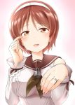  1girl bare_shoulders brown_eyes brown_hair crying crying_with_eyes_open detached_sleeves hairband highres japanese_clothes jewelry kamelie kantai_collection looking_at_viewer miko natori_(kantai_collection) open_mouth ribbon ring school_uniform serafuku short_hair smile solo tears wedding_band wedding_ring 