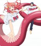  1boy 1girl :d barefoot black_hair blank_eyes bottomless breasts clothes_writing eyecatch fangs hair_ornament hairclip highres kurusu_kimihito lamia long_hair miia_(monster_musume) monster_girl monster_musume_no_iru_nichijou open_mouth pointy_ears redhead scales simple_background slit_pupils smile snake_tail t-shirt white_background yellow_eyes 