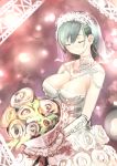  1girl absurdres blush bouquet breasts bride cleavage closed_eyes dress flower gem gloves green_hair highres holding kantai_collection large_breasts lips shiabisu solo sparkle suzuya_(kantai_collection) veil 