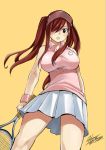  1girl bare_shoulders breasts brown_eyes cap erza_scarlet fairy_tail hair_over_one_eye large_breasts long_hair mashima_hiro official_art pink_shirt racket redhead signature skirt sleeveless sleeveless_shirt sportswear sweatband tennis_outfit tennis_racket twintails white_skirt 