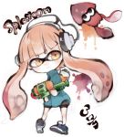  &gt;:) 1girl akaki_aoki animal chibi copyright_name domino_mask headphones holding inkling long_hair mask orange_eyes orange_hair paint paint_splatter pointy_ears simple_background solo splatoon squid super_soaker tentacle_hair white_background 