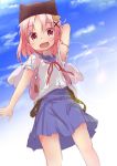  blue_sky gakkou_gurashi! hair_ornament hairclip hat looking_at_viewer open_mouth pillow_hat pink_hair ribbon school_uniform short_hair sketch skirt sky smile takeya_yuki waruwarutsu winged_backpack 