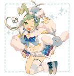  1girl ;d aqua_hair aqua_nails arm_warmers asymmetrical_hair choker earrings full_body fur_collar hair_ornament idol jewelry leg_warmers long_hair looking_at_viewer lucia_(pokemon) midriff mochi730 musical_note nail_polish navel one_eye_closed open_mouth payot pokemon pokemon_(creature) pokemon_(game) pokemon_oras shorts showgirl_skirt single_thighhigh smile spoken_musical_note swablu thigh-highs v 