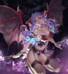  1girl absurdres bare_shoulders bat_wings black_panties breasts demon_girl fishnet_legwear fishnets garter_belt garter_straps high_heels highres lips long_hair looking_at_viewer navel original panties purple_hair skeleton slit_pupils solo thigh-highs underwear wings yang-do yellow_eyes 